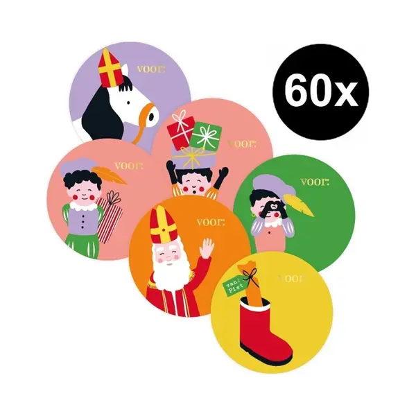 Fako Bijoux 60x Sticker Sint En Piet Cartoon Etiketten - Kleuren Mix - Goudfolie - Naametiketten - Sinterklaas Naam Stickers - Pakjesavond - Cadeau - Leuk thumbnail