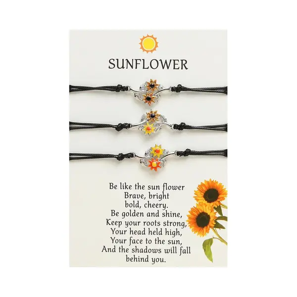 Vriendschapsarmbandjes Voor 3 Met Bloemen - Zilverkleurig & Zwarte Bandjes - Bff Armband Op Cadeau Kaartje - Pax Amare thumbnail