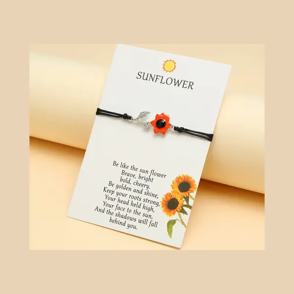Vriendschapsarmbandje Met Rode Zonnebloem Zilverkleurig - Zwarte Bandjes - Bff Armband Op Cadeau Kaartje - Pax Amare thumbnail