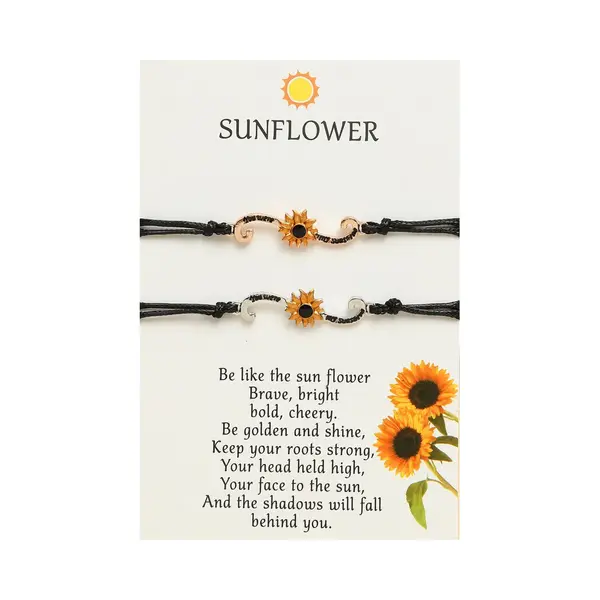 Vriendschapsarmbandjes Voor 2 Met Bloem Goudkleurig/Zilverkleurig - Zwarte Bandjes - Bff Armband Op Cadeau Kaartje - Pax Amare thumbnail