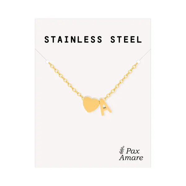 Letter A Ketting Goudkleurig - Stainless Steel - Initiaal & Hartje Hanger - Initialen Ketting Op Cadeau Kaartje - Pax Amare thumbnail