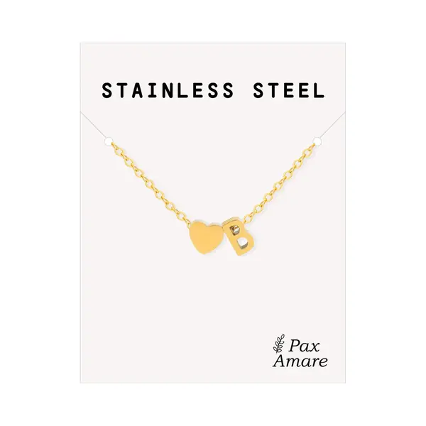 Letter B Ketting Goudkleurig - Stainless Steel - Initiaal & Hartje Hanger - Initialen Ketting Op Cadeau Kaartje - Pax Amare thumbnail
