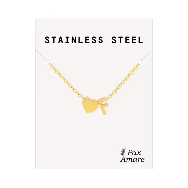Letter F Ketting Goudkleurig - Stainless Steel - Initiaal & Hartje Hanger - Initialen Ketting Op Cadeau Kaartje - Pax Amare thumbnail