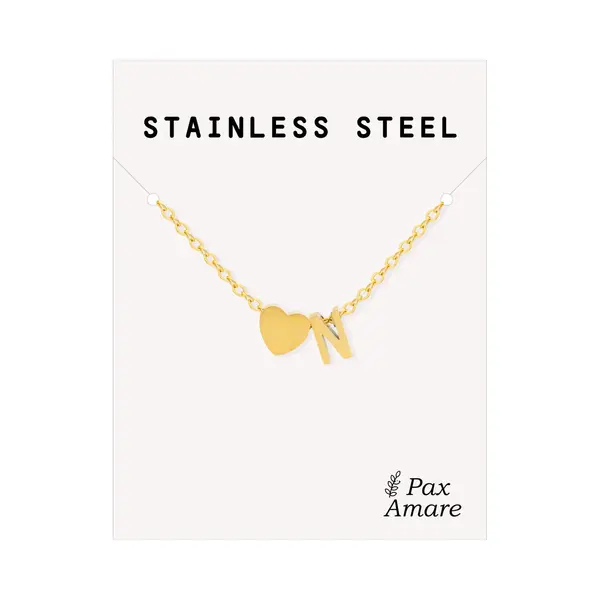 Letter N Ketting Goudkleurig - Stainless Steel - Initiaal & Hartje Hanger - Initialen Ketting Op Cadeau Kaartje - Pax Amare thumbnail