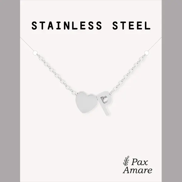 Letter P Ketting Zilverkleurig - Stainless Steel - Initiaal & Hartje Hanger - Initialen Ketting Op Cadeau Kaartje - Pax Amare thumbnail