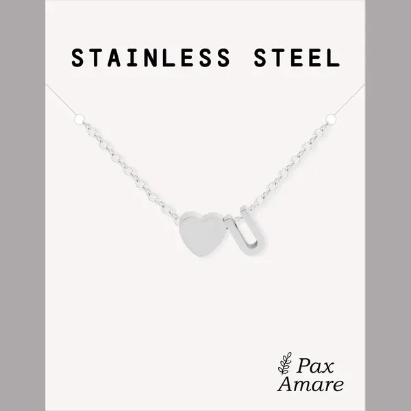 Letter U Ketting Zilverkleurig - Stainless Steel - Initiaal & Hartje Hanger - Initialen Ketting Op Cadeau Kaartje - Pax Amare thumbnail
