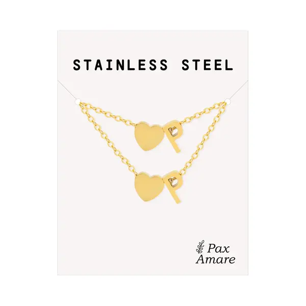Pax Amare Initiaal Ketting & Armband Set Met Letter P Goudkleurig - Stainless Steel - Met Letter & Hartje! - Naam Ketting Cadeau - Sieraden Set Op Kaartje - Pax thumbnail