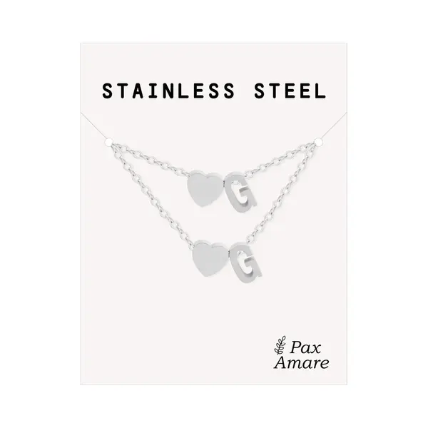 Pax Amare Initiaal Ketting & Armband Set Met Letter G Zilverkleurig - Stainless Steel - Met Letter & Hartje! - Naam Ketting Cadeau - Sieraden Set Op Kaartje - thumbnail