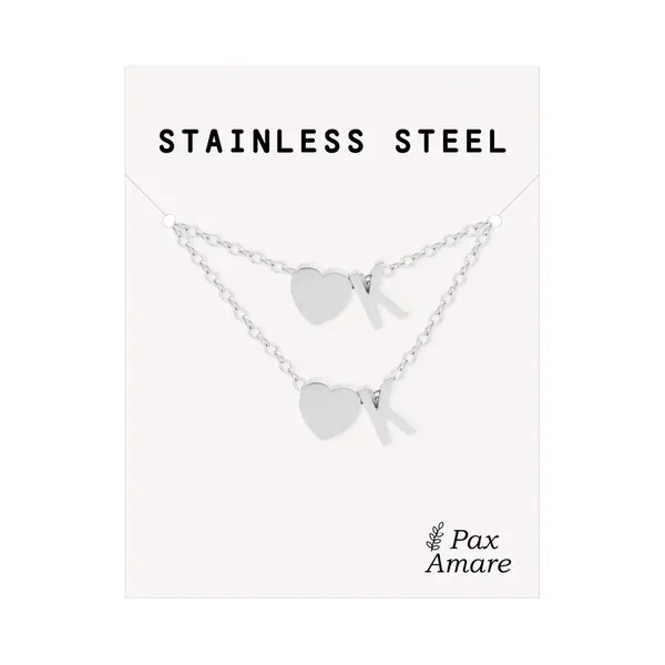 Pax Amare Initiaal Ketting & Armband Set Met Letter K Zilverkleurig - Stainless Steel - Met Letter & Hartje! - Naam Ketting Cadeau - Sieraden Set Op Kaartje - thumbnail