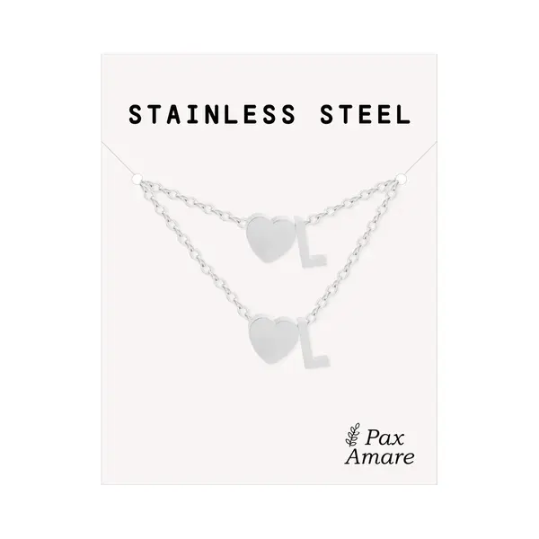 Pax Amare Initiaal Ketting & Armband Set Met Letter L Zilverkleurig - Stainless Steel - Met Letter & Hartje! - Naam Ketting Cadeau - Sieraden Set Op Kaartje - thumbnail