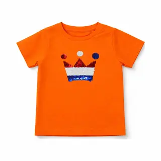 Starry Indigo - Oranje T-shirt Kinderen Kroontje Met Magic Sequence | Koningsdag | Holland | Ek-Wk-Olympische Spelen | Oranje | Kind 6-7 Jaar | Maat