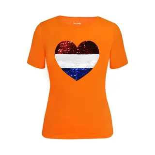 Starry Indigo Dames Slim Fit T-shirt Nederlandse Vlag Met Hart Magic Sequence | Koningsdag Kleding| Holland | Ek-Wk-Olympische Spelen | Oranje | Maat Xxs/164