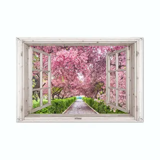 GreatGardenPosters Tuinposter Doorkijk Sakura - Wit Raam - Tuindecoratie Roze Bloemen - 120x80 Cm - Tuinschilderij Voor Buiten - Tuindoek Bloesemboom - Wanddecoratie