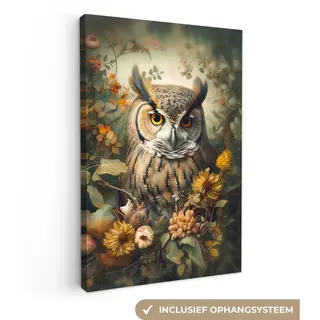OneMillionCanvasses Canvas Schilderij 60x90 Cm - Wanddecoratie Uil - Vogels - Bloemen - Natuur - Muurdecoratie Woonkamer - Slaapkamer Decoratie - Kamer Accessoires -