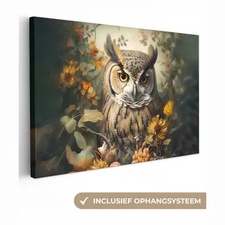 OneMillionCanvasses Canvas Schilderij 120x80 Cm - Wanddecoratie Uil - Vogels - Bloemen - Natuur - Muurdecoratie Woonkamer - Slaapkamer Decoratie - Kamer Accessoires -