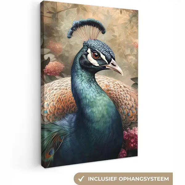 OneMillionCanvasses Canvas Schilderij 20x30 Cm - Wanddecoratie Pauw - Vogel - Bloemen - Planten - Pauwenveren - Muurdecoratie Woonkamer - Slaapkamer Decoratie - Kamer thumbnail