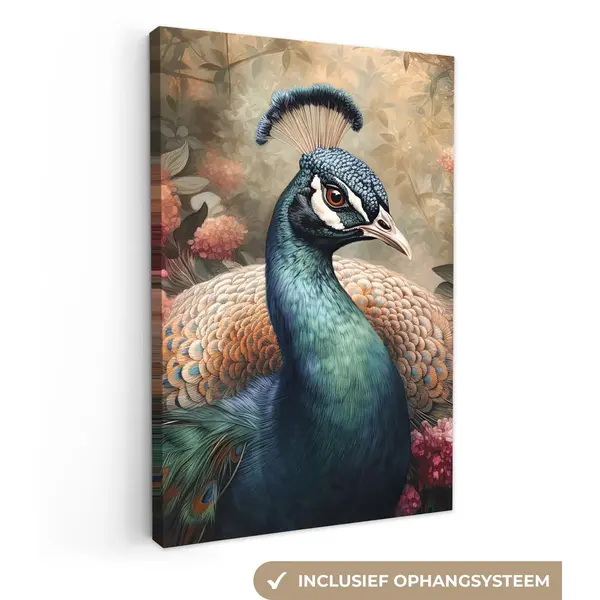 OneMillionCanvasses Canvas Schilderij 90x140 Cm - Wanddecoratie Pauw - Vogel - Bloemen - Planten - Pauwenveren - Muurdecoratie Woonkamer - Slaapkamer Decoratie - Kamer thumbnail