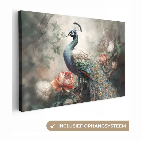 OneMillionCanvasses Canvas Schilderij 60x40 Cm - Pauw Vogel - Kamer Decoratie Accessoires Jungle - Schilderijen Woonkamer Bloemen - Wanddecoratie Vogels Slaapkamer - thumbnail