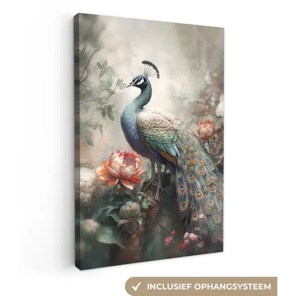 OneMillionCanvasses Canvas Schilderij 40x60 Cm - Pauw Vogel - Kamer Decoratie Accessoires Jungle - Schilderijen Woonkamer Bloemen - Wanddecoratie Vogels Slaapkamer - thumbnail