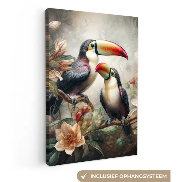 OneMillionCanvasses Canvas Schilderij 90x140 Cm - Wanddecoratie Toekan - Vogels - Bloemen - Jungle - Muurdecoratie Woonkamer - Slaapkamer Decoratie - Kamer Accessoires - thumbnail