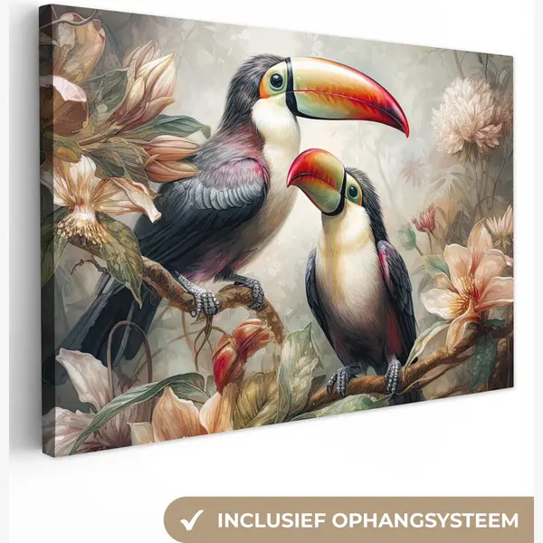 OneMillionCanvasses Canvas Schilderij 90x60 Cm - Wanddecoratie Toekan - Vogels - Bloemen - Jungle - Muurdecoratie Woonkamer - Slaapkamer Decoratie - Kamer Accessoires - thumbnail