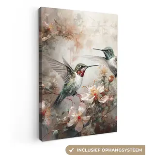 OneMillionCanvasses Canvas Schilderij 120x180 Cm - Wanddecoratie Kolibrie - Vogels - Bloemen - Planten - Muurdecoratie Woonkamer - Slaapkamer Decoratie - Kamer