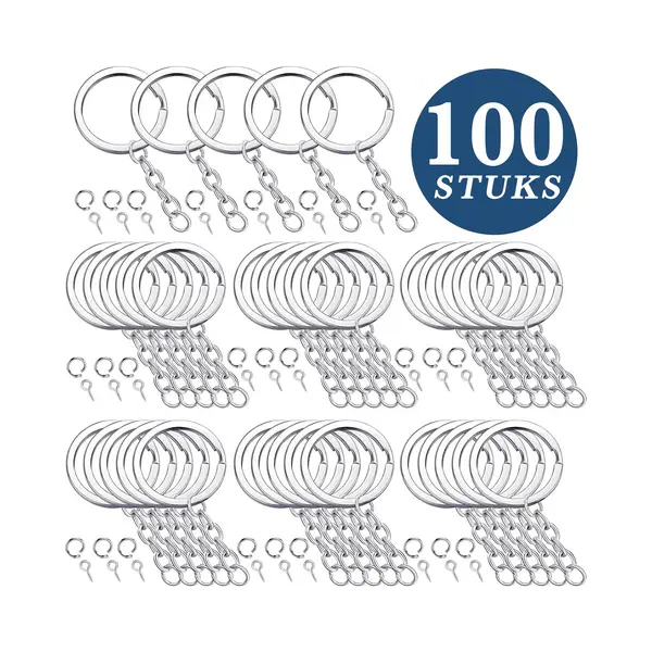 KeyAmor 100 Stuks Platte Sleutelringen Met Ketting, 100 Open Springringetjes & 50 Schroefoogjes - 250-Delig Diy Sleutelhangers Ringen Set - Keychain Sleutels thumbnail