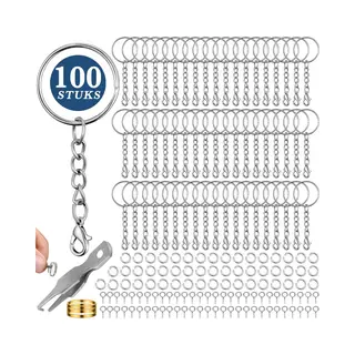 KeyAmor 100 Stuks Sleutelringen Met Ketting En Karabijnsluiting - Incl. Ringetjes, Schroefoogjes, Opener Tang, Diy Ring - Karabijnhaak Sleutelhanger Hobby Set