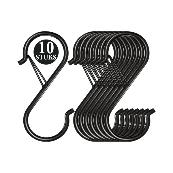 KeyAmor 10 Stuks Zwart Metaal S Haken Met Veiligheidssluiting - 10cm Lengte - Ophanghaken - Haakjes Voor Keuken, Badkamer & Tuin - Kledinghangers - Jashaak thumbnail