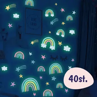 Happy Happenings Muurstickers Kinderkamer - 40 Stuks - Glow In The Dark Sterren & Regenboog - Stickers - Slaapkamer - Babykamer - Meisje En Jongen - Lichtgevende