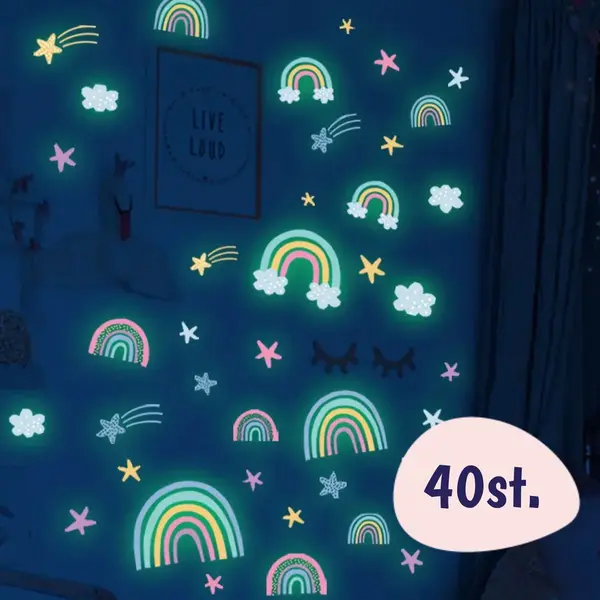 Happy Happenings Muurstickers Kinderkamer - 40 Stuks - Glow In The Dark Sterren & Regenboog - Stickers - Slaapkamer - Babykamer - Meisje En Jongen - Lichtgevende thumbnail