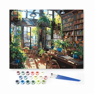 Rubye® Schilderen Op Nummer Volwassenen – Boekenkast – Inclusief Penselen – Canvas Schildersdoek Zonder Frame – Kleuren Op Nummer – 50x40cm