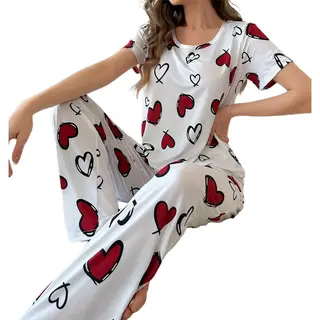 Boncy® Pyjama Set Dames Hart - Pyama Nachtkleding Volwassenen - Pyjamabroek Meisje - Maat M