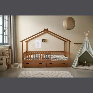 Petite Amélie Hausbett Maison - 90x200 Cm - Walnuss– Kinderbett Mit Lattenrost – Flexible Und Abnehmbare Seitengitter