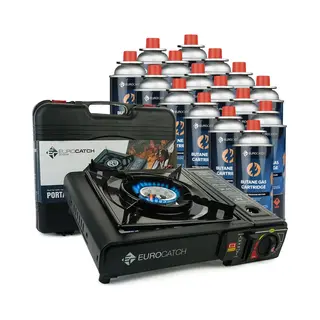 Eurocatch Gas Cooker - Incl. 16 Gas Bottles - Gas Stove - Camping Cooker - Gas Burner - Gas Stove - Gas Cooker - Cooker - Carrying Case