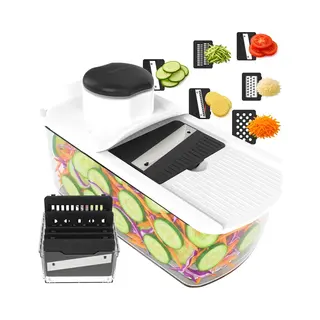 Mandoline Keukensnijder & Groentesnijder - Multifunctioneel 6-in-1 - Met Opvangbak 1, 7L - Rvs Messen & Veiligheidshouder - Wit - Vivid Green