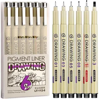Ainy - Micro Fineliners Zes Watervast - Set Van 6 Zwart Fineliner | Fine Liner Kawaii Manga / Anime Tekenen Op Schetsboek | Bullet Journal |