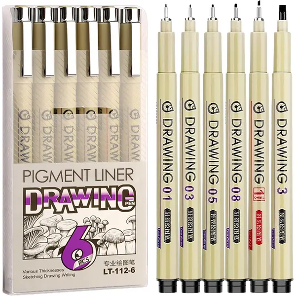 Ainy - Micro Fineliners Zes Watervast - Set Van 6 Zwart Fineliner | Fine Liner Kawaii Manga / Anime Tekenen Op Schetsboek | Bullet Journal | thumbnail
