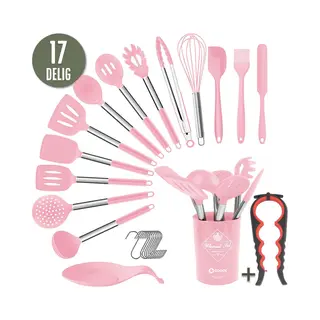 Coock Siliconen Keukengerei Set Met Houder Xl - Kookgerei Set 26 Delig - Bpa-Vrij & Plastic Vrij - Ophangbaar - Incl. Opener - Roze