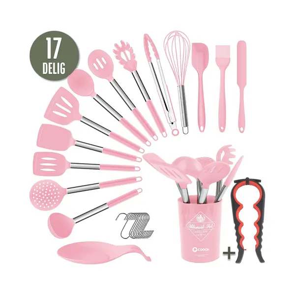 Coock Siliconen Keukengerei Set Met Houder Xl - Kookgerei Set 26 Delig - Bpa-Vrij & Plastic Vrij - Ophangbaar - Incl. Opener - Roze thumbnail