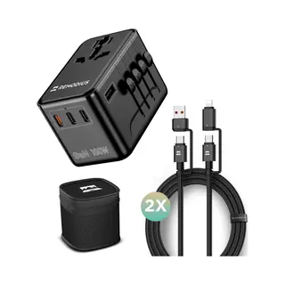 Remodius® Wereldstekker Pro + 2x UniCharge Oplaadkabel – 220+ Landen – 100W Usb-C Ultra Fast Charging Reisstekker – 3x Usb-C, 1x Usb-A –