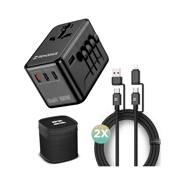 Remodius® Wereldstekker Pro + 2x UniCharge Oplaadkabel – 220+ Landen – 100W Usb-C Ultra Fast Charging Reisstekker – 3x Usb-C, 1x Usb-A – thumbnail