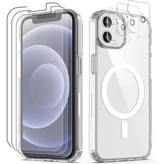 Podec Magsafe Hoesje Geschikt Voor IPhone 12 Mini - Met 3x Screenprotector + 3x Cameraprotector - Magnetisch Met Ring Doorzichtig - Telefoonhoesje