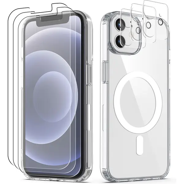 Podec Magsafe Hoesje Geschikt Voor IPhone 12 Mini - Met 3x Screenprotector + 3x Cameraprotector - Magnetisch Met Ring Doorzichtig - Telefoonhoesje thumbnail