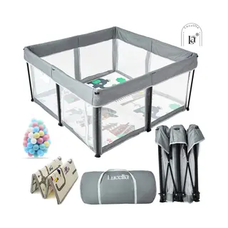Lucellia® Grondbox Baby - Inklapbare Speelbox & Kinderbox – Inclusief Dubbelzijdige Speelmat + 50 Ballen & Extra Buitenmat – Donker Grijs –