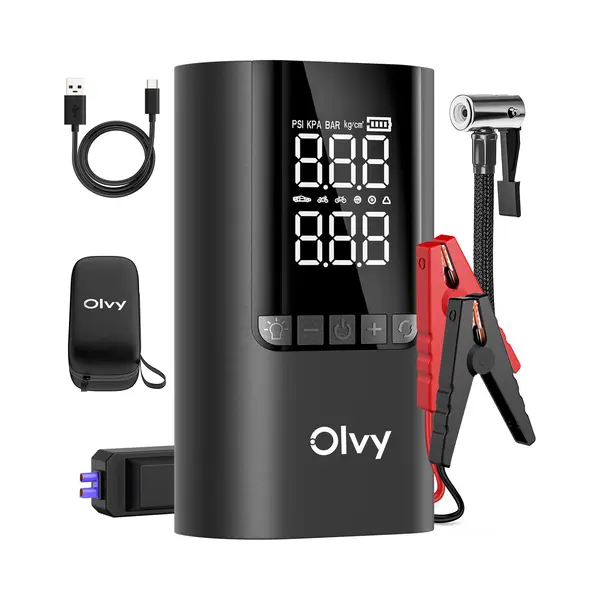 Olvy 4-in-1 Portable Car Jump Starter With Air Compressor, 1500A Peak, 12000mAh Power Bank, Smart Protection, Led Light, Digital Display, Compact Jump thumbnail