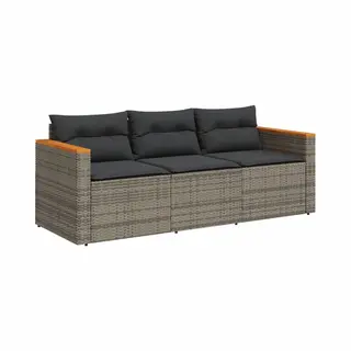 VidaXL Gartensofa 3-Sitzer, Loungesofa Sofa Mit Kissen, Sitzgruppe Stahlrahmen, Gartenmöbel Lounge Rattanmöbel, Grau Poly Rattan