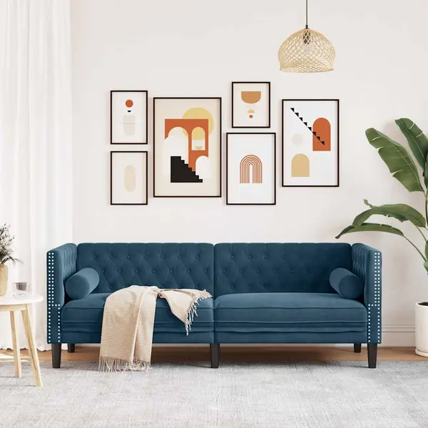 VidaXL Chesterfield Sofa Mit Nackenrollen 3-Sitzer, Couch Mit Armlehnen Rückenlehne Stützbeine, Polstersofa Für Wohnzimmer, Couchgarnitur, Blau thumbnail