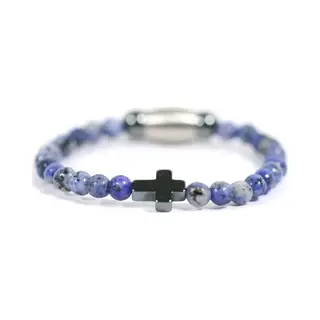 Ibiza Men Mens Jewellery IbizaMen Kids- Jongens - Armband - Edelsteen - Agaat - Blauw - 4mm - Hematiet Kruisje - 16cm