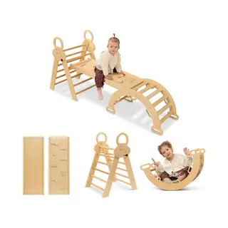 Finoos Klimrek - Klimdriehoek - Klimboog - Glijbaan - Montessori - Houten Speelgoed - Naturel